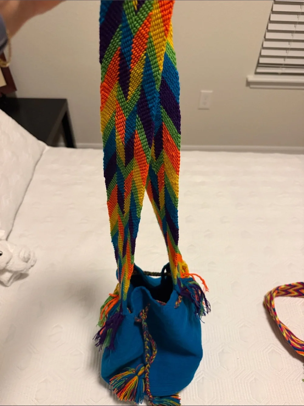 Handwoven Teal Bucket Bag with Multi-Color Strap Handmade wayuu tribe